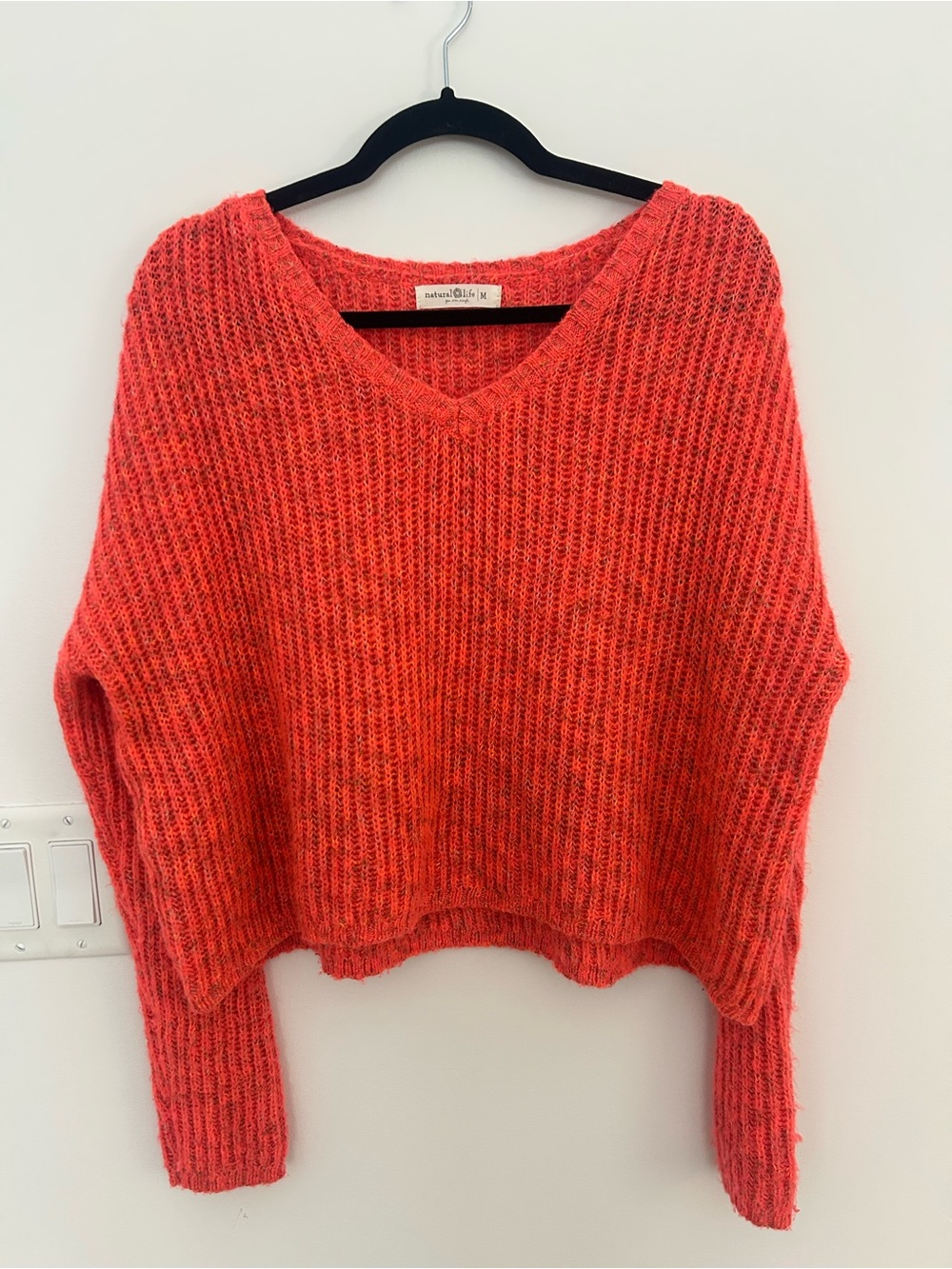 Natural Life Womens M Coral Orange Open Knit V Neck Oversized Slouchy Sweater